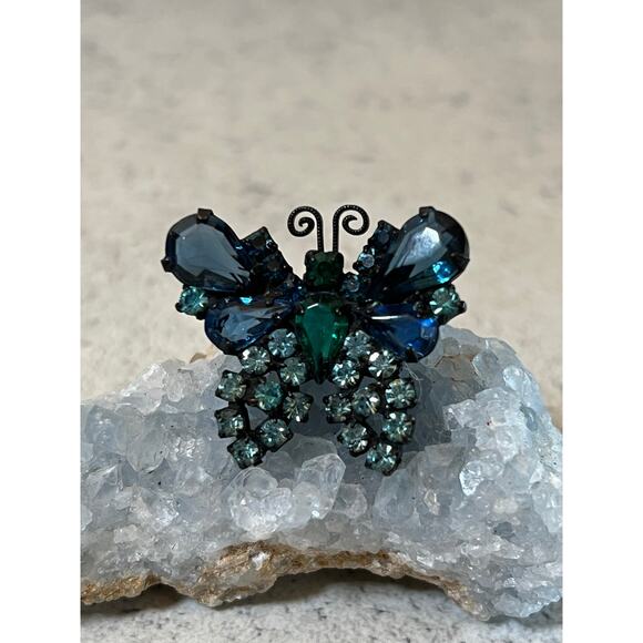 Vintage Weiss sign butterfly brooch blue green turquoise gunmetal pin figural - Picture 2 of 5